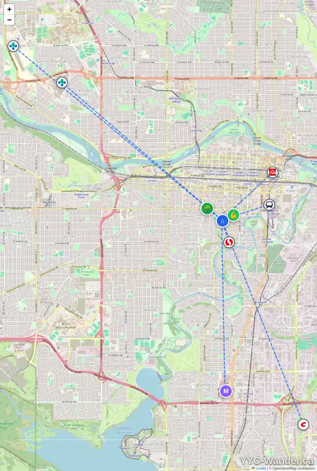 Daily accessibility map for 1926 5A ST SW, Calgary showing nearby schools, grocery stores, parks, LRT stations and nearby amenities
