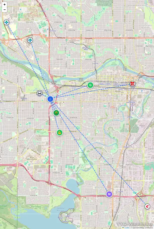 Daily accessibility map for 1714 24 ST SW, Calgary showing nearby schools, grocery stores, parks, LRT stations and nearby amenities