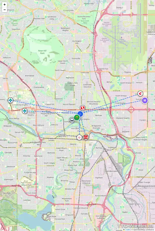 Daily accessibility map for 1318 1 ST NW, Calgary showing nearby schools, grocery stores, parks, LRT stations and nearby amenities