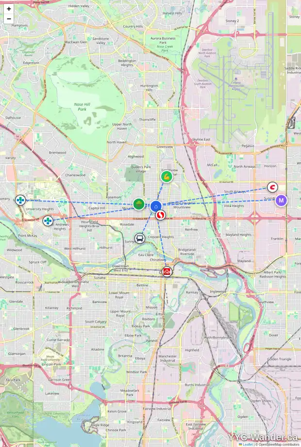 Daily accessibility map for 207 22 AV NW, Calgary showing nearby schools, grocery stores, parks, LRT stations and nearby amenities
