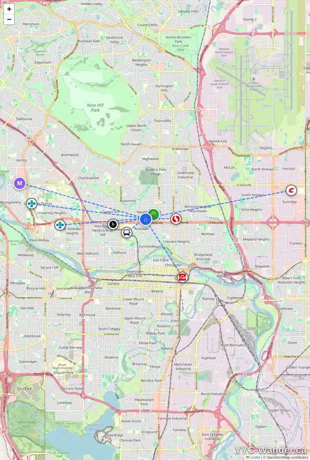 Daily accessibility map for 821 18 AV NW, Calgary showing nearby schools, grocery stores, parks, LRT stations and nearby amenities