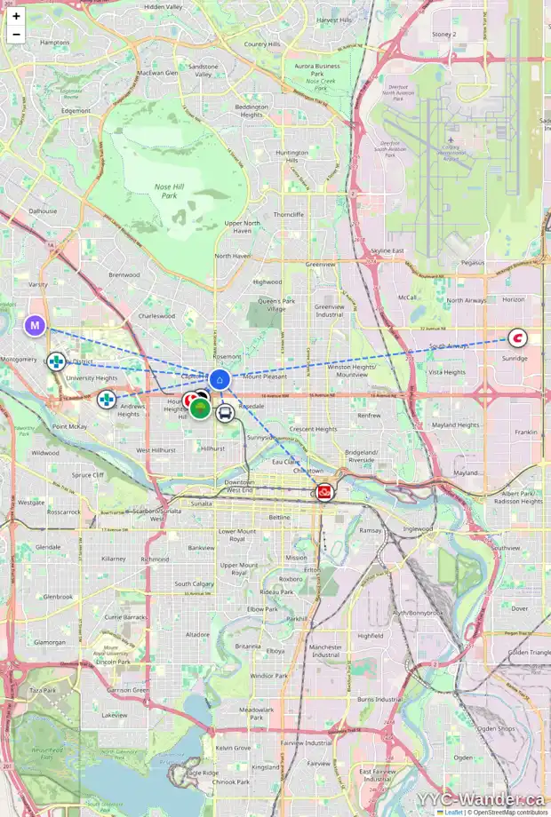 Daily accessibility map for 1422 20 AV NW, Calgary showing nearby schools, grocery stores, parks, LRT stations and nearby amenities