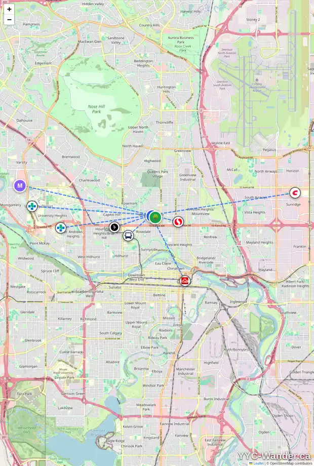 Daily accessibility map for 714 20 AV NW, Calgary showing nearby schools, grocery stores, parks, LRT stations and nearby amenities