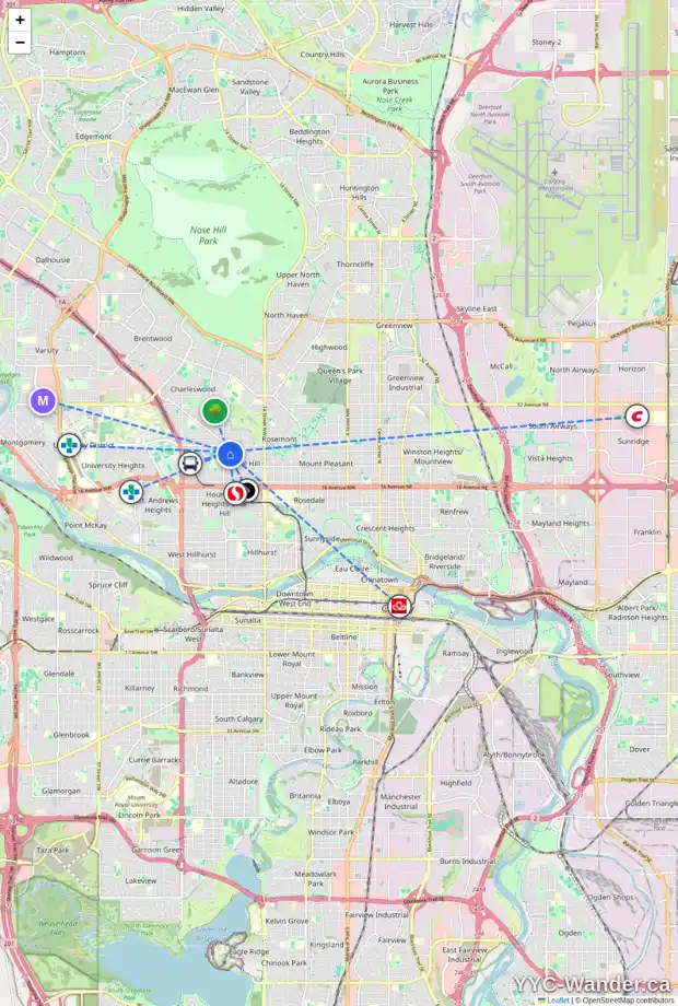 Daily accessibility map for 1903 23 AV NW, Calgary showing nearby schools, grocery stores, parks, LRT stations and nearby amenities