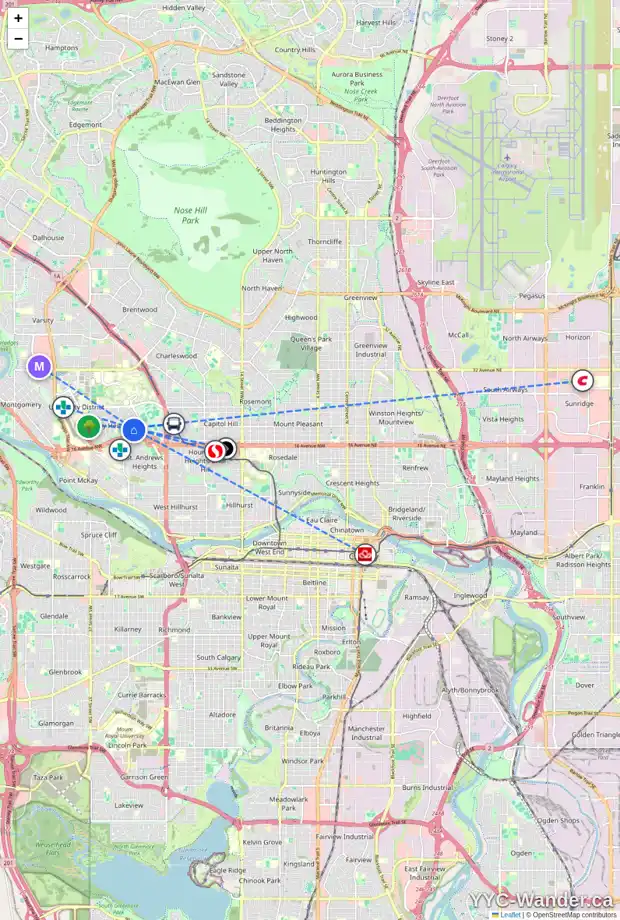 Daily accessibility map for 2001 URQUHART RD NW, Calgary showing nearby schools, grocery stores, parks, LRT stations and nearby amenities
