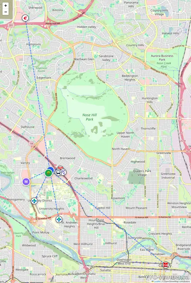 Daily accessibility map for 4008 36 ST NW, Calgary showing nearby schools, grocery stores, parks, LRT stations and nearby amenities