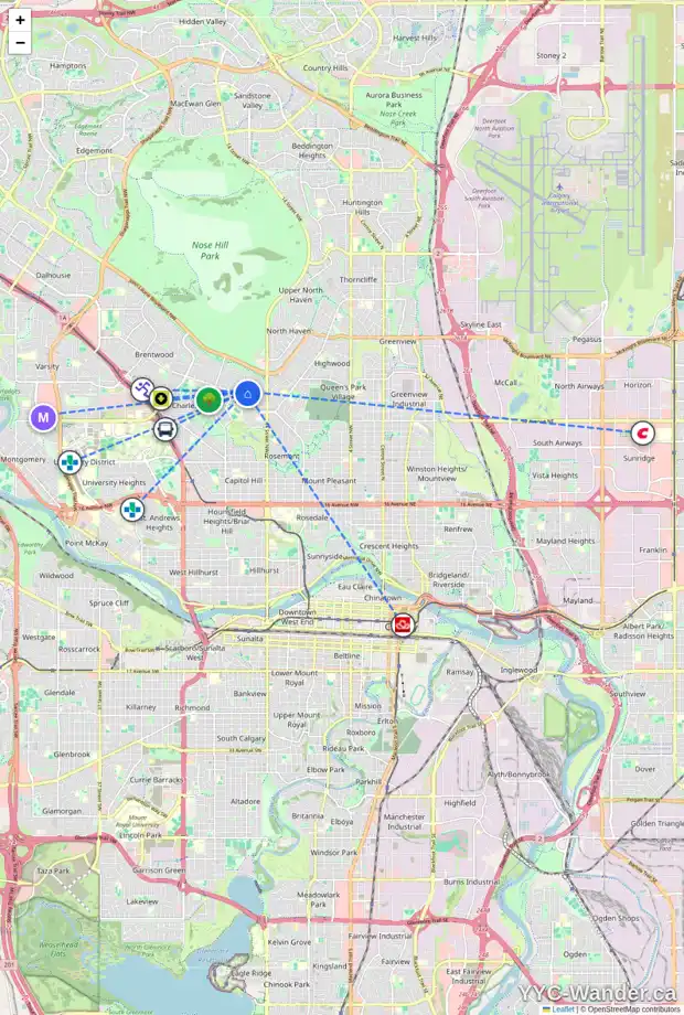 Daily accessibility map for 24 CALANDAR RD NW, Calgary showing nearby schools, grocery stores, parks, LRT stations and nearby amenities