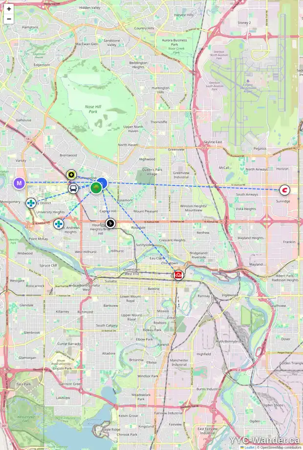 Daily accessibility map for 3331 CANBERRA PL NW, Calgary showing nearby schools, grocery stores, parks, LRT stations and nearby amenities