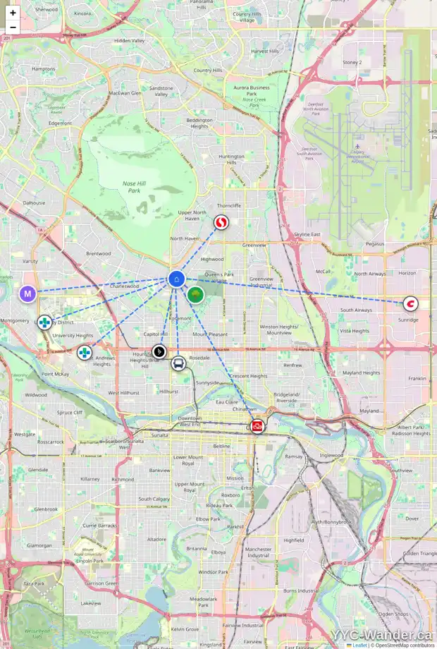 Daily accessibility map for 151 CORNWALLIS DR NW, Calgary showing nearby schools, grocery stores, parks, LRT stations and nearby amenities