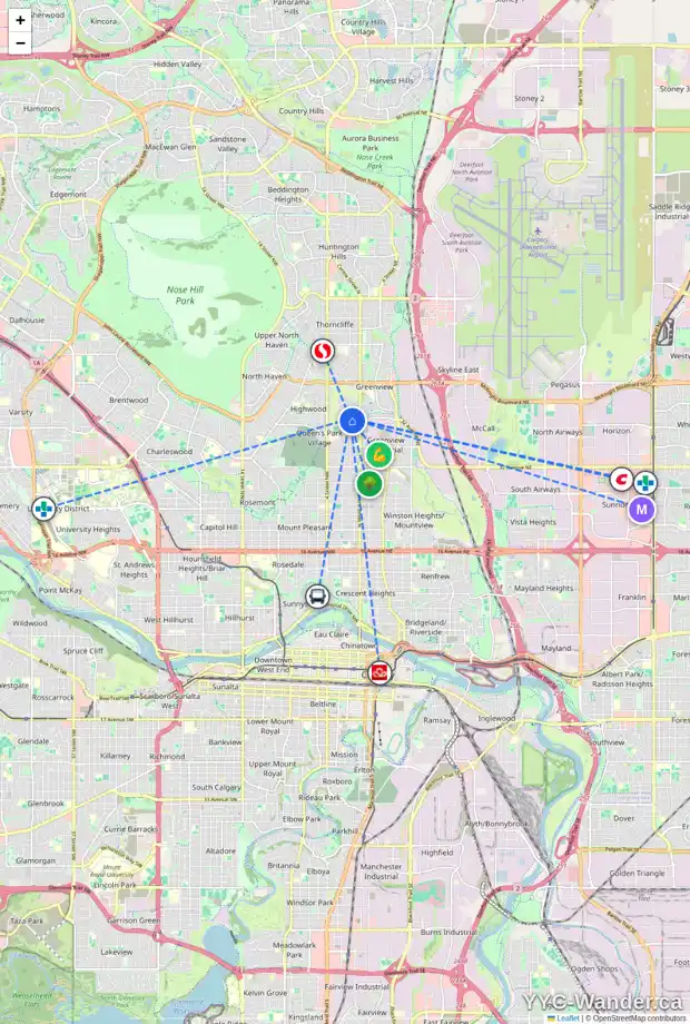 Daily accessibility map for 204 41 AV NW, Calgary showing nearby schools, grocery stores, parks, LRT stations and nearby amenities