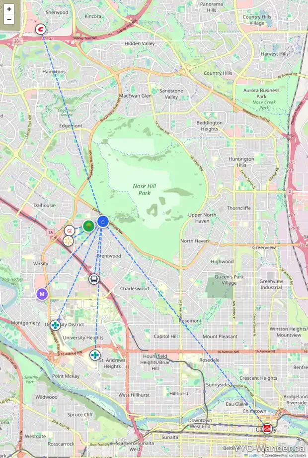 Daily accessibility map for 5326 BANNERMAN DR NW, Calgary showing nearby schools, grocery stores, parks, LRT stations and nearby amenities