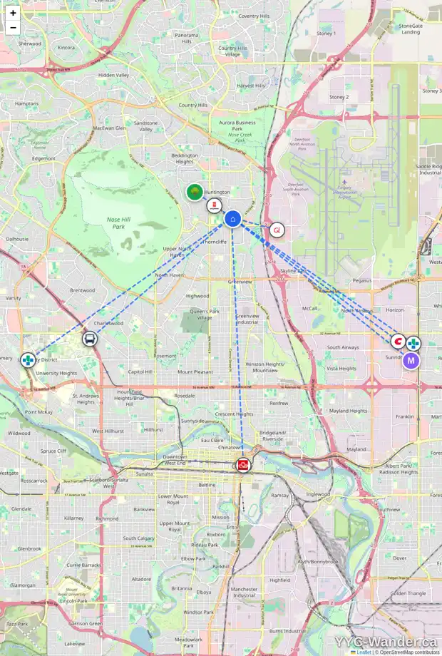 Daily accessibility map for 98 HUNTFORD CL NE, Calgary showing nearby schools, grocery stores, parks, LRT stations and nearby amenities