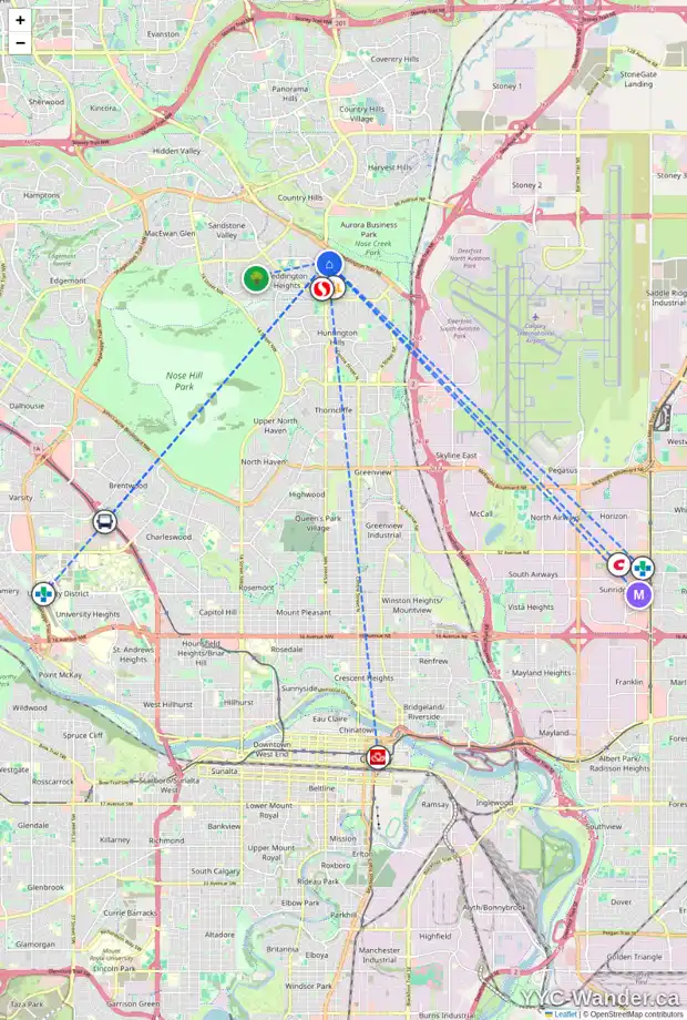 Daily accessibility map for 8512 CENTRE ST NE, Calgary showing nearby schools, grocery stores, parks, LRT stations and nearby amenities