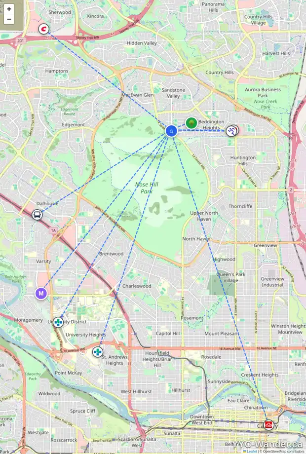 Daily accessibility map for 67 BEACONSFIELD CR NW, Calgary showing nearby schools, grocery stores, parks, LRT stations and nearby amenities