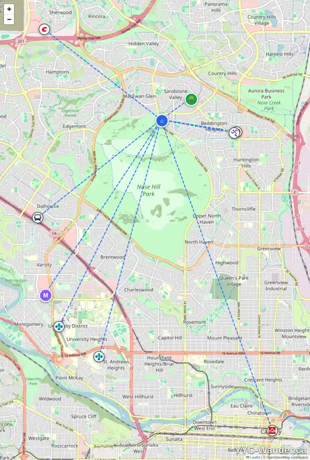 Daily accessibility map for 132 BEACONSFIELD WY NW, Calgary showing nearby schools, grocery stores, parks, LRT stations and nearby amenities