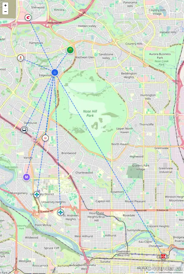 Daily accessibility map for 8265 EDGEBROOK DR NW, Calgary showing nearby schools, grocery stores, parks, LRT stations and nearby amenities