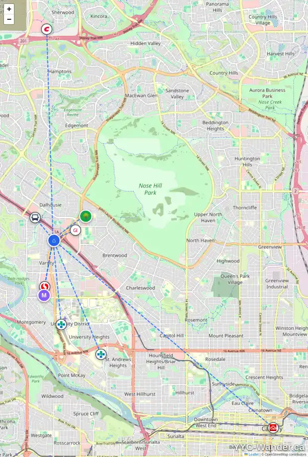 Daily accessibility map for 34 VANDOOS GD NW, Calgary showing nearby schools, grocery stores, parks, LRT stations and nearby amenities