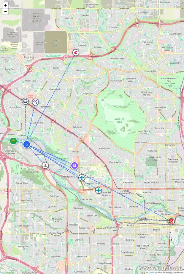 Daily accessibility map for 8328 48 AV NW, Calgary showing nearby schools, grocery stores, parks, LRT stations and nearby amenities