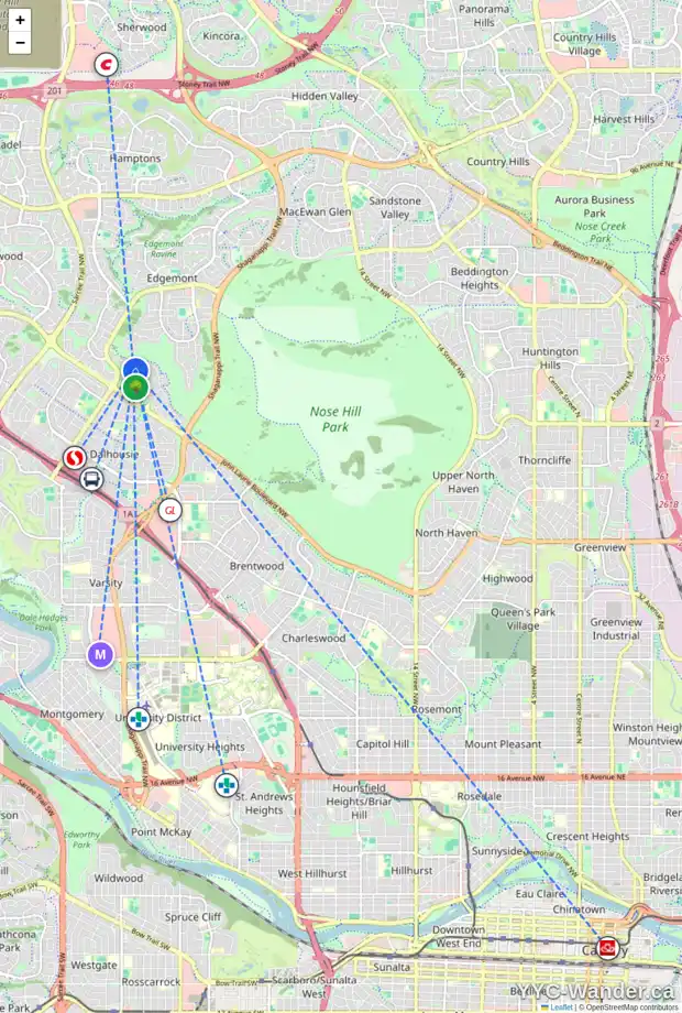 Daily accessibility map for 7046 EDGEMONT DR NW, Calgary showing nearby schools, grocery stores, parks, LRT stations and nearby amenities