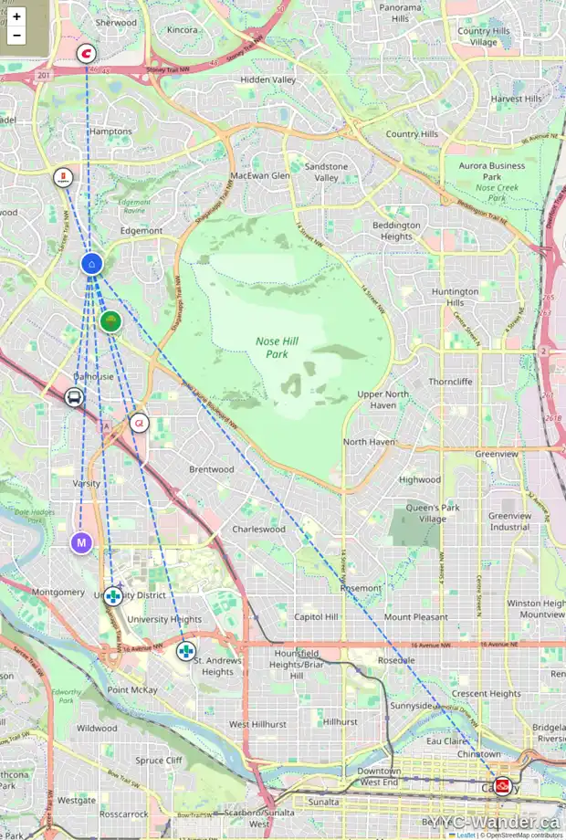 Daily accessibility map for 15 EDGEWOOD PL NW, Calgary showing nearby schools, grocery stores, parks, LRT stations and nearby amenities