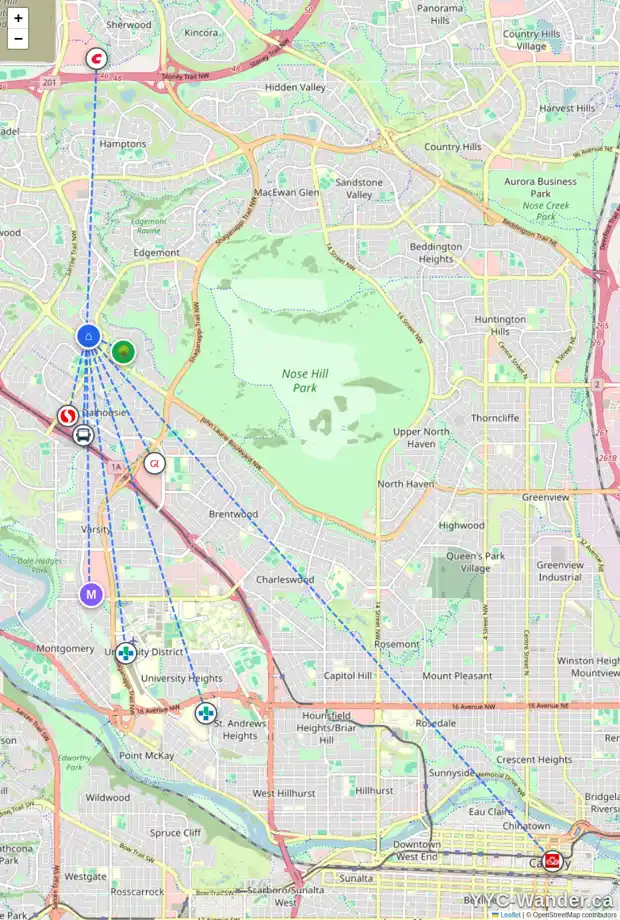 Daily accessibility map for 36 EDGEDALE CO NW, Calgary showing nearby schools, grocery stores, parks, LRT stations and nearby amenities