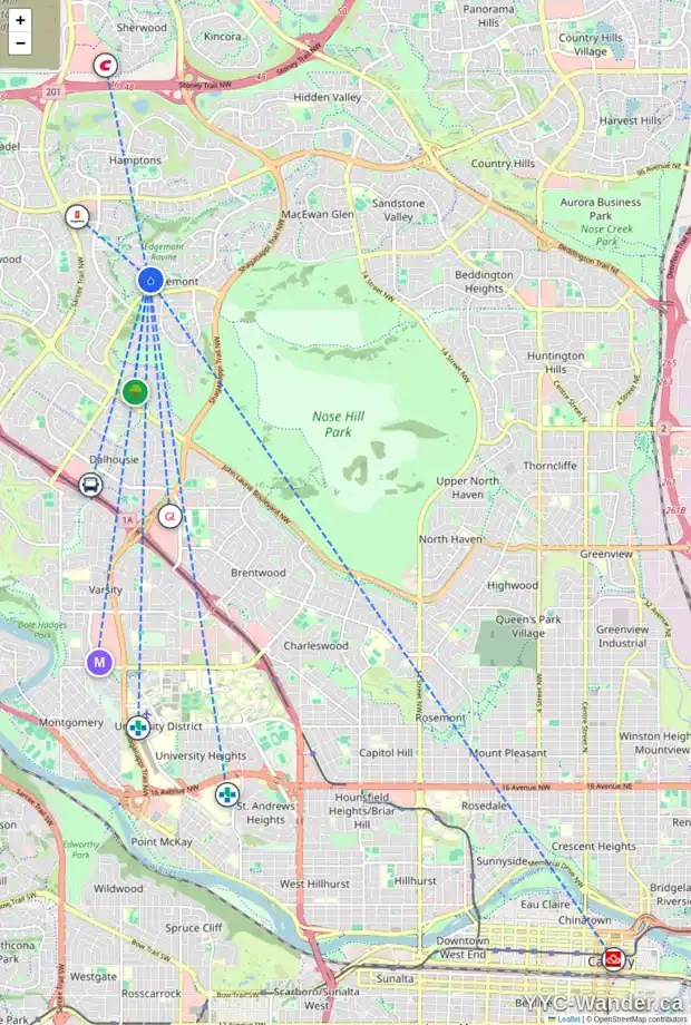 Daily accessibility map for 111 EDGEVIEW PL NW, Calgary showing nearby schools, grocery stores, parks, LRT stations and nearby amenities