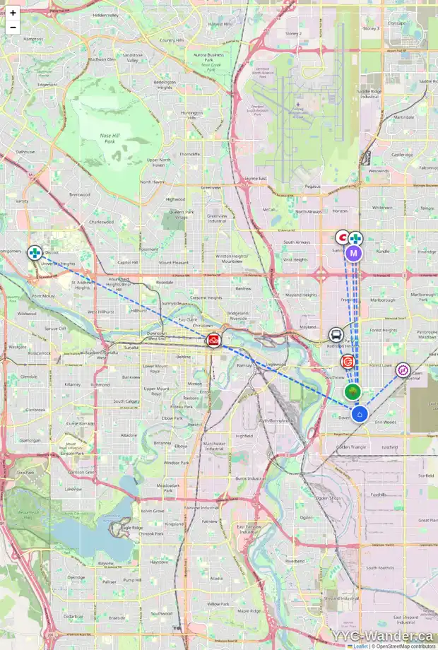Daily accessibility map for 251 DOVER RIDGE CL SE, Calgary showing nearby schools, grocery stores, parks, LRT stations and nearby amenities