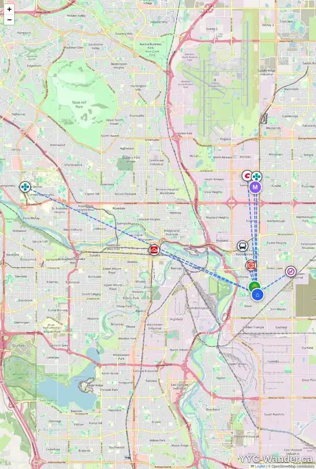 Daily accessibility map for 3431 30A AV SE, Calgary showing nearby schools, grocery stores, parks, LRT stations and nearby amenities