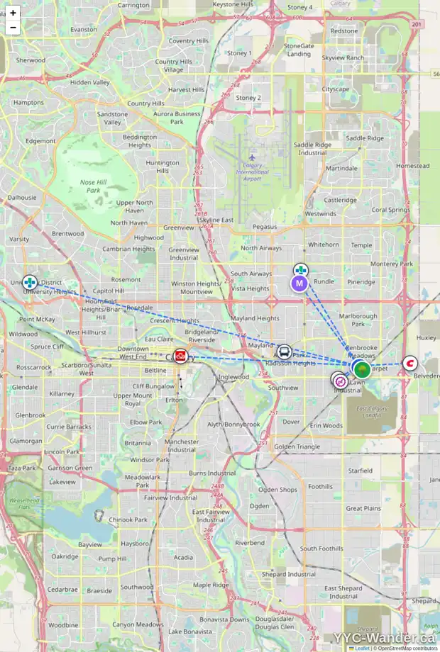 Daily accessibility map for 6028 12 AV SE, Calgary showing nearby schools, grocery stores, parks, LRT stations and nearby amenities