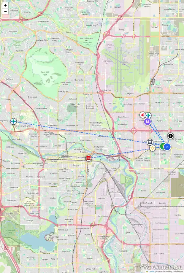 Daily accessibility map for 45 MARBROOKE CI NE, Calgary showing nearby schools, grocery stores, parks, LRT stations and nearby amenities