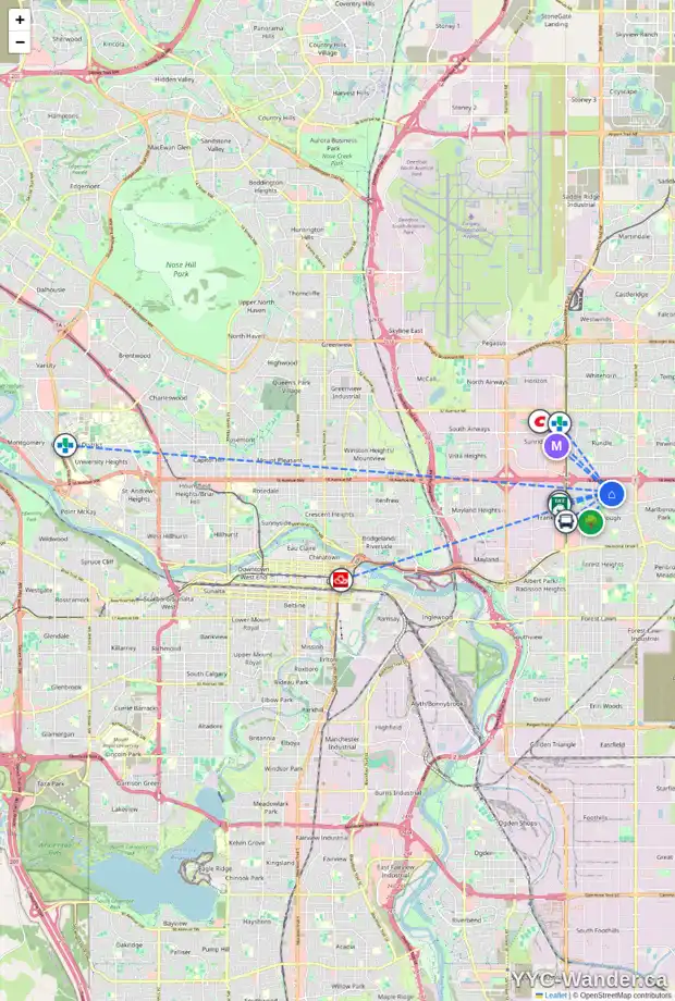 Daily accessibility map for 96 MARDALE CR NE, Calgary showing nearby schools, grocery stores, parks, LRT stations and nearby amenities