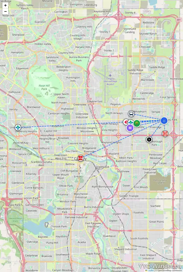 Daily accessibility map for 1023 PINECLIFF DR NE, Calgary showing nearby schools, grocery stores, parks, LRT stations and nearby amenities