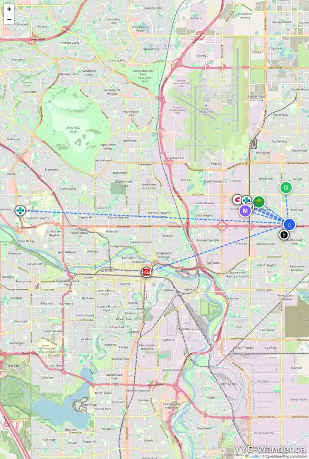 Daily accessibility map for 437 PINEGREEN CL NE, Calgary showing nearby schools, grocery stores, parks, LRT stations and nearby amenities