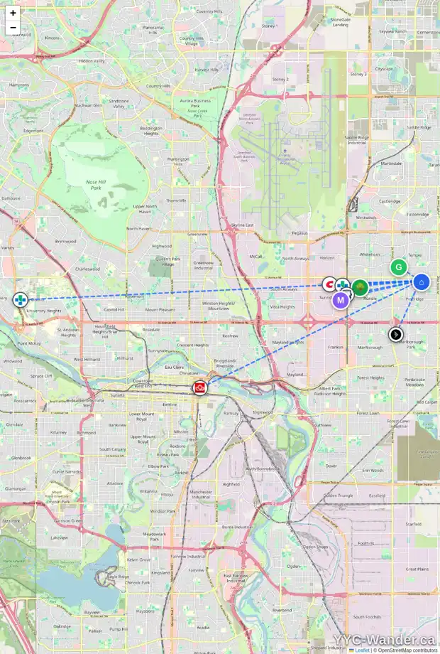 Daily accessibility map for 304 PINELAND PL NE, Calgary showing nearby schools, grocery stores, parks, LRT stations and nearby amenities