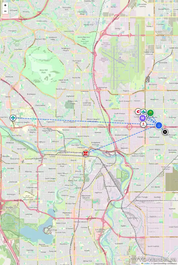 Daily accessibility map for 1815 48 ST NE, Calgary showing nearby schools, grocery stores, parks, LRT stations and nearby amenities