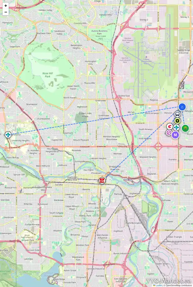 Daily accessibility map for 55 WHITWORTH WY NE, Calgary showing nearby schools, grocery stores, parks, LRT stations and nearby amenities