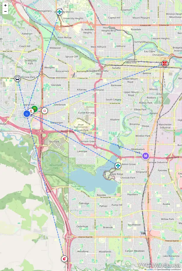 Daily accessibility map for 212 SIERRA MORENA PL SW, Calgary showing nearby schools, grocery stores, parks, LRT stations and nearby amenities