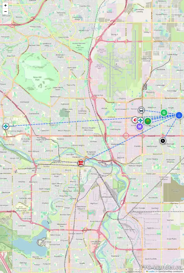 Daily accessibility map for 6735 34 AV NE, Calgary showing nearby schools, grocery stores, parks, LRT stations and nearby amenities