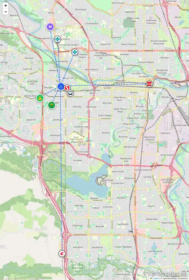 Daily accessibility map for 908 41 ST SW, Calgary showing nearby schools, grocery stores, parks, LRT stations and nearby amenities