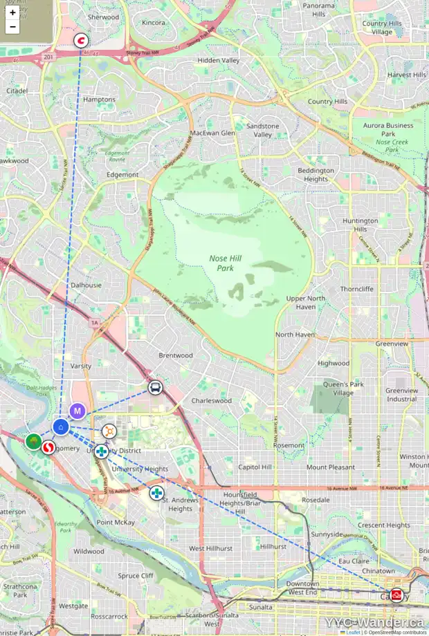 Daily accessibility map for 5111 22 AV NW, Calgary showing nearby schools, grocery stores, parks, LRT stations and nearby amenities