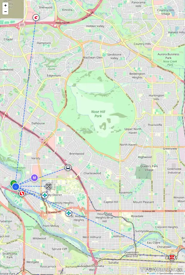 Daily accessibility map for 48 BOW LD NW, Calgary showing nearby schools, grocery stores, parks, LRT stations and nearby amenities