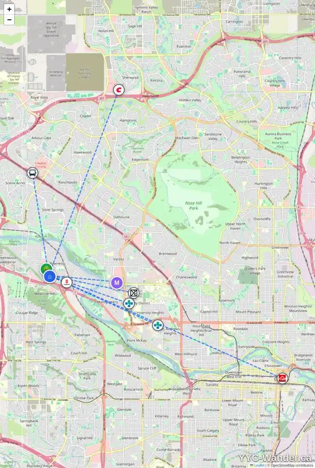 Daily accessibility map for 7623 35 AV NW, Calgary showing nearby schools, grocery stores, parks, LRT stations and nearby amenities