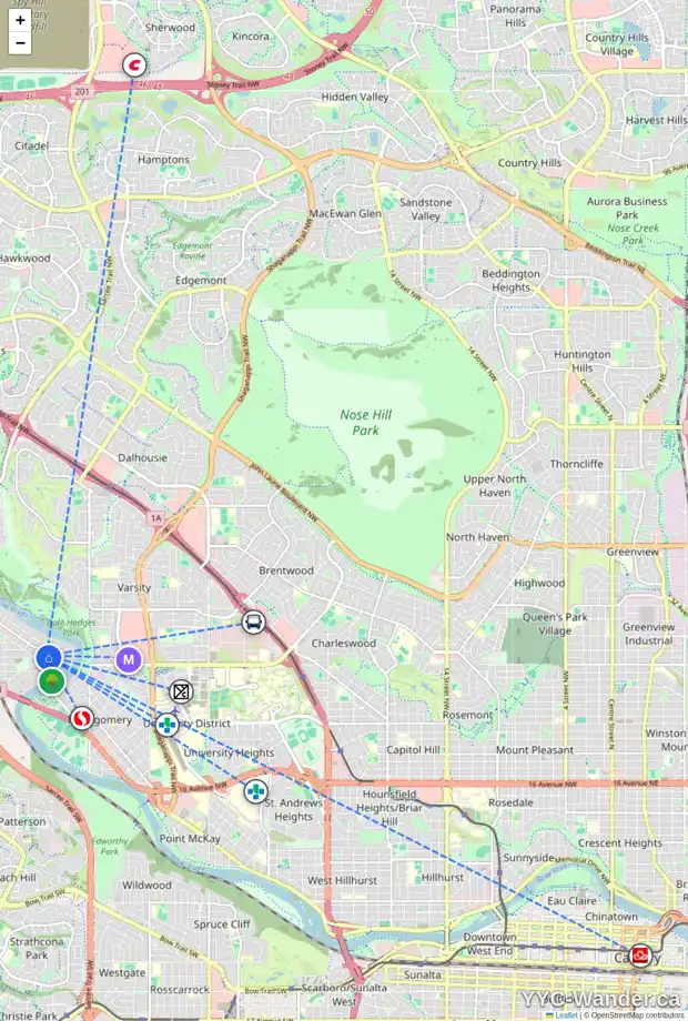 Daily accessibility map for 6048 33 AV NW, Calgary showing nearby schools, grocery stores, parks, LRT stations and nearby amenities