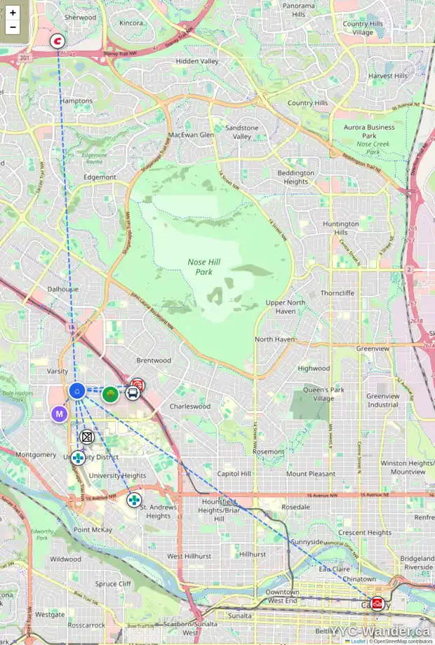 Daily accessibility map for 20 VARSHAVEN PL NW, Calgary showing nearby schools, grocery stores, parks, LRT stations and nearby amenities