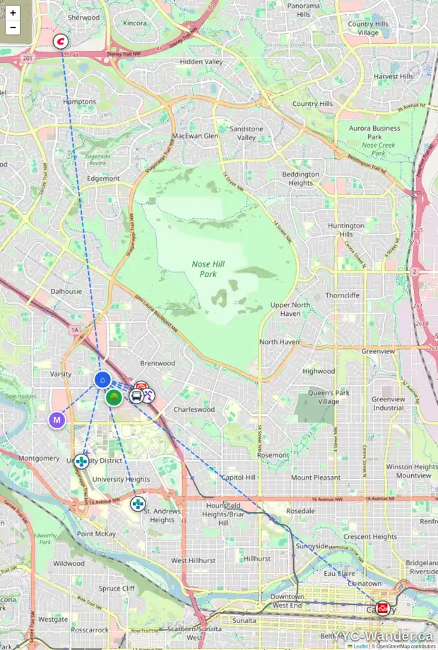 Daily accessibility map for 3844 VARSITY DR NW, Calgary showing nearby schools, grocery stores, parks, LRT stations and nearby amenities