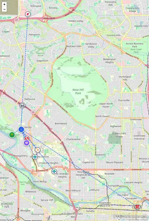 Daily accessibility map for 4231 52 ST NW, Calgary showing nearby schools, grocery stores, parks, LRT stations and nearby amenities