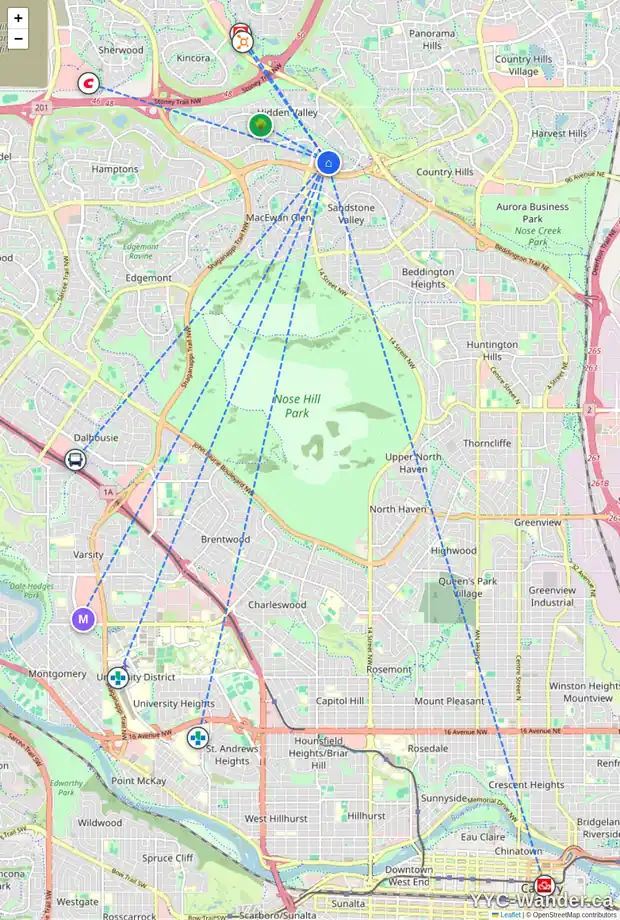 Daily accessibility map for 180 HIDDEN VALE CL NW, Calgary showing nearby schools, grocery stores, parks, LRT stations and nearby amenities
