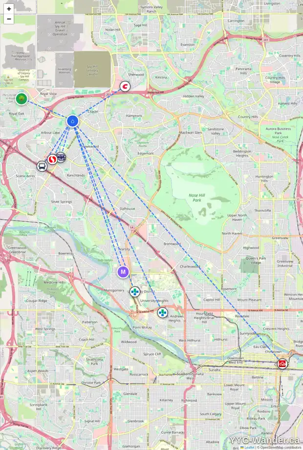Daily accessibility map for 130 ARBOUR RIDGE CL NW, Calgary showing nearby schools, grocery stores, parks, LRT stations and nearby amenities