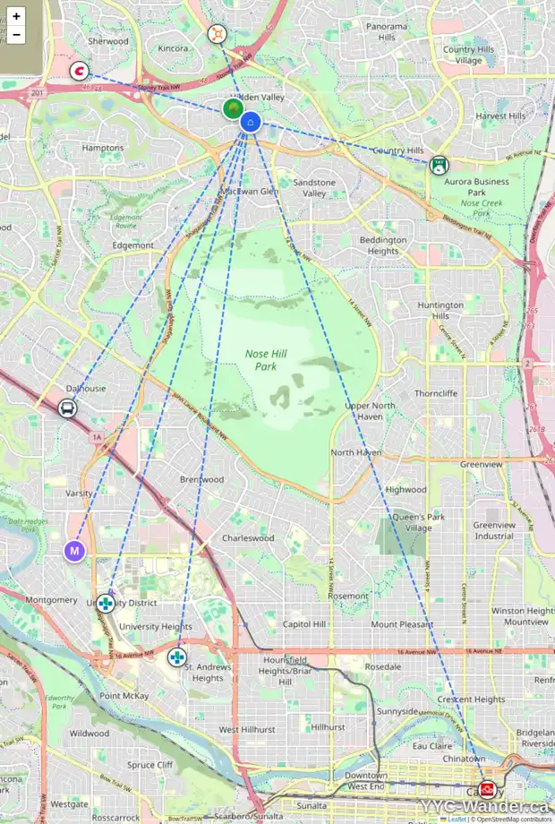 Daily accessibility map for 16 HIDDEN PA NW, Calgary showing nearby schools, grocery stores, parks, LRT stations and nearby amenities