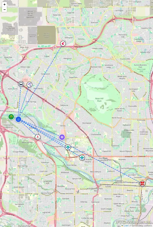 Daily accessibility map for 310 8604 48 AV NW, Calgary showing nearby schools, grocery stores, parks, LRT stations and nearby amenities